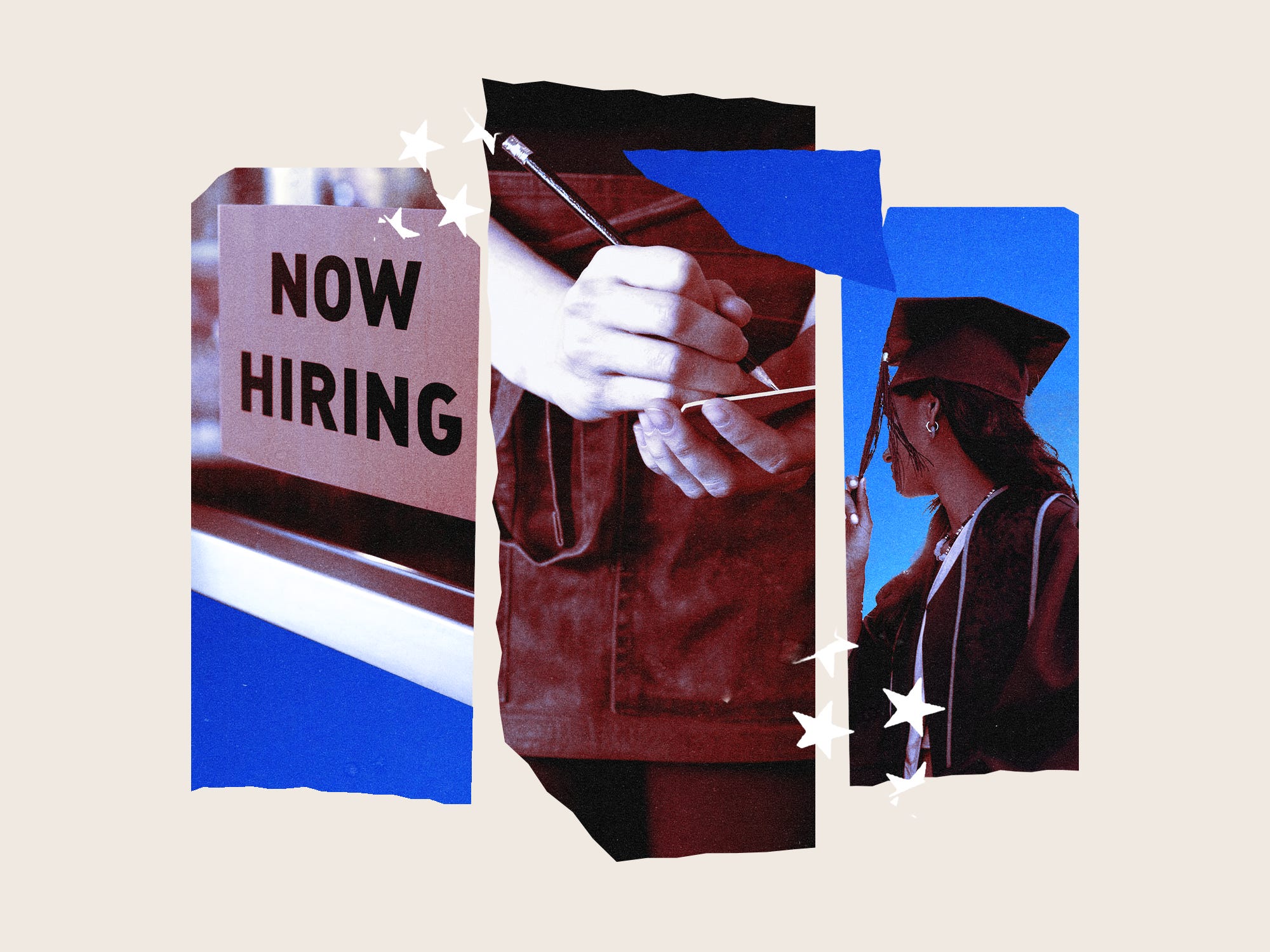 Photo collage showing a 'Now Hiring' sign in a window, a waiter taking an order in a restaurant, and a graduate holding a tassel with stars.