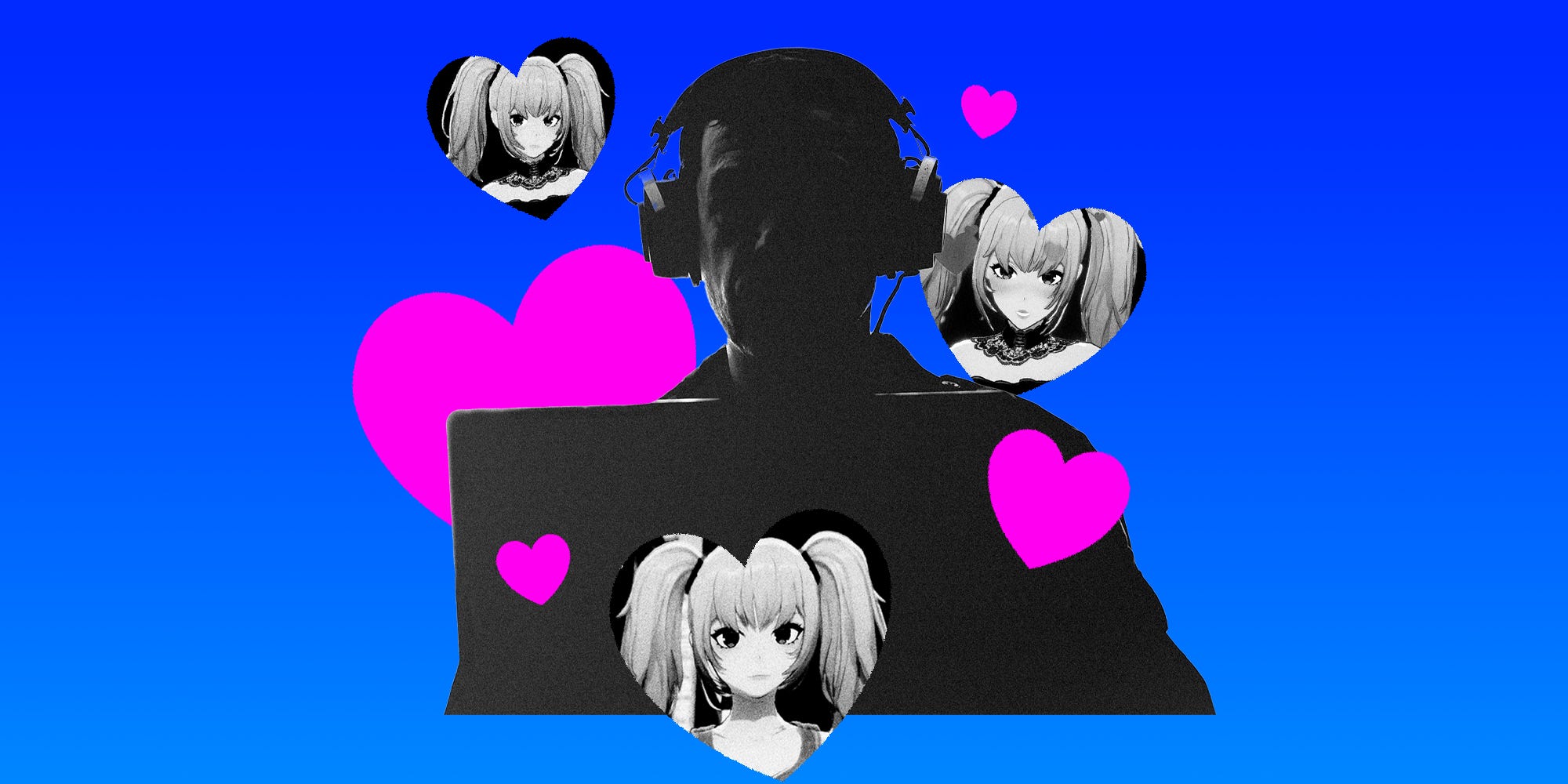 Collage of a man surrounded by hearts and Ani from the Grok app