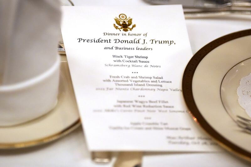 The dinner menu during a meeting between U.S. President Donald Trump and business leaders at the U.S. Ambassador's Residence on October 28, 2025 in Tokyo, Japan.