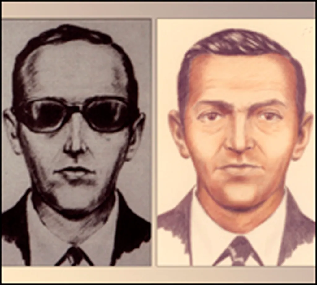Illustration of two FBI sketches of accused skyjacker D.B. Cooper; one shows him with sunglasses, the other without.