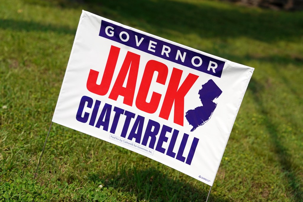 Jack Ciattarelli campaign lawn sign for governor with a blue outline of New Jersey.