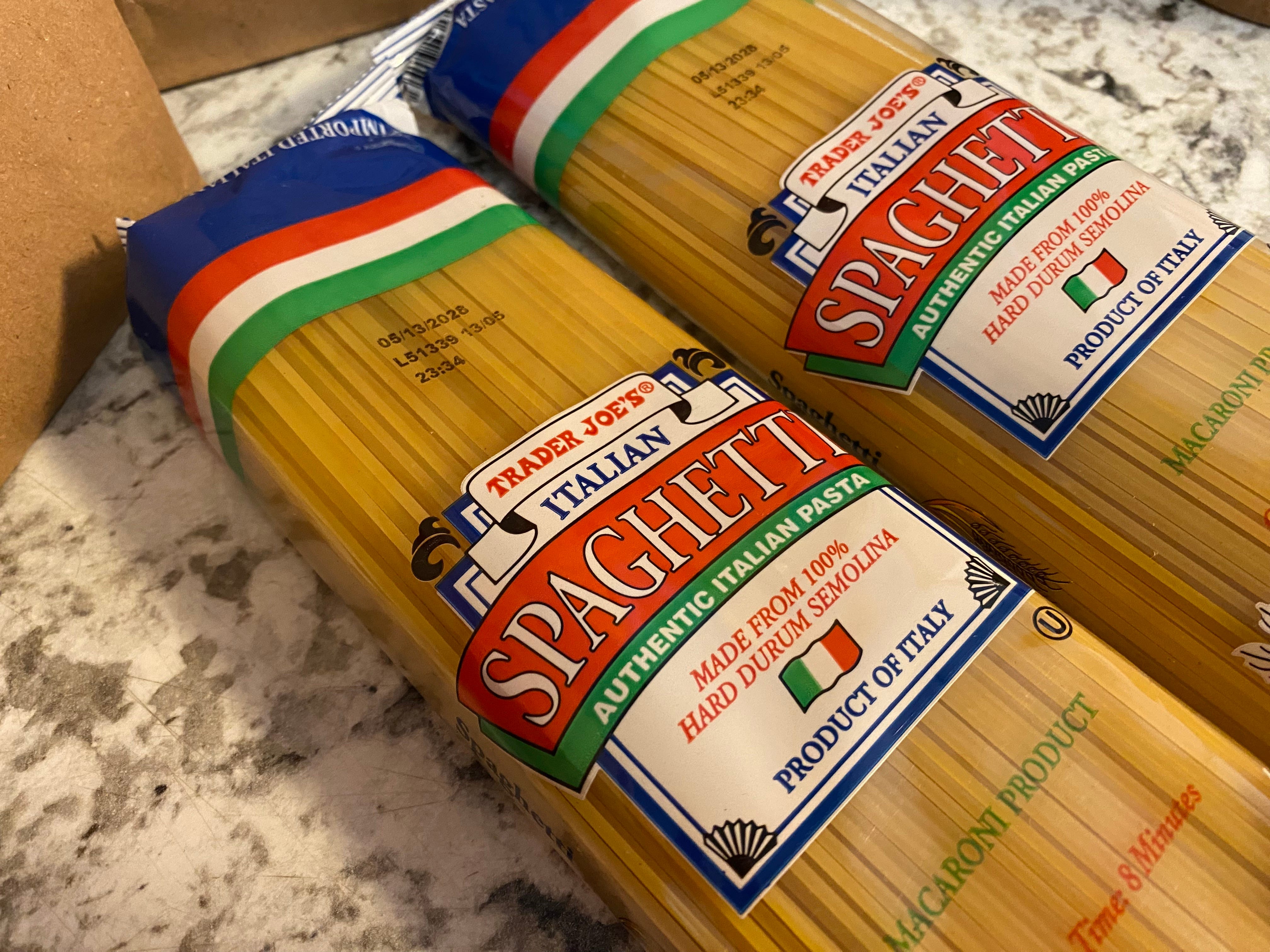 Two packs of Trader Joe's Italian spaghetti.