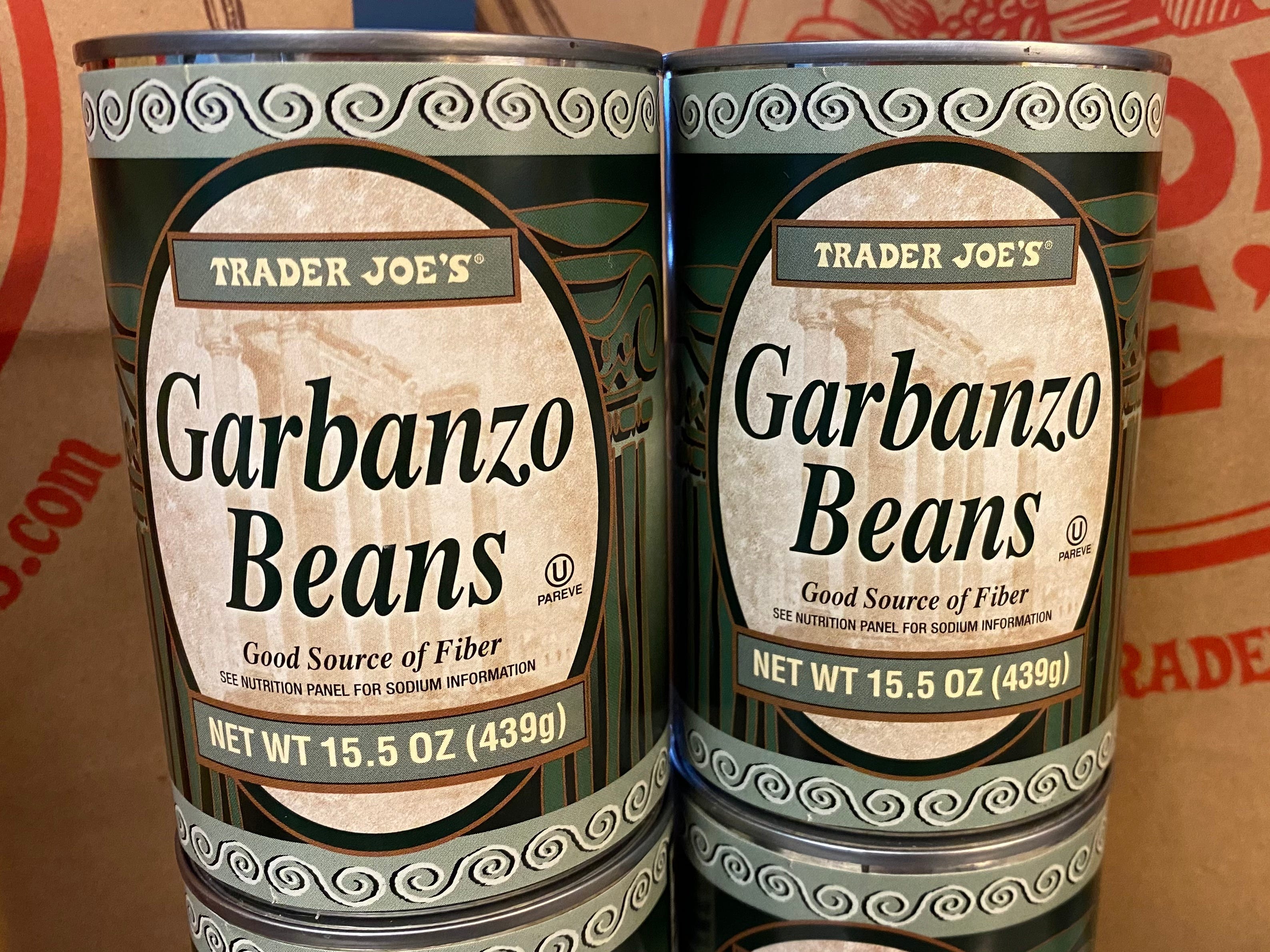 Two cans of Trader Joe's garbanzo beans.