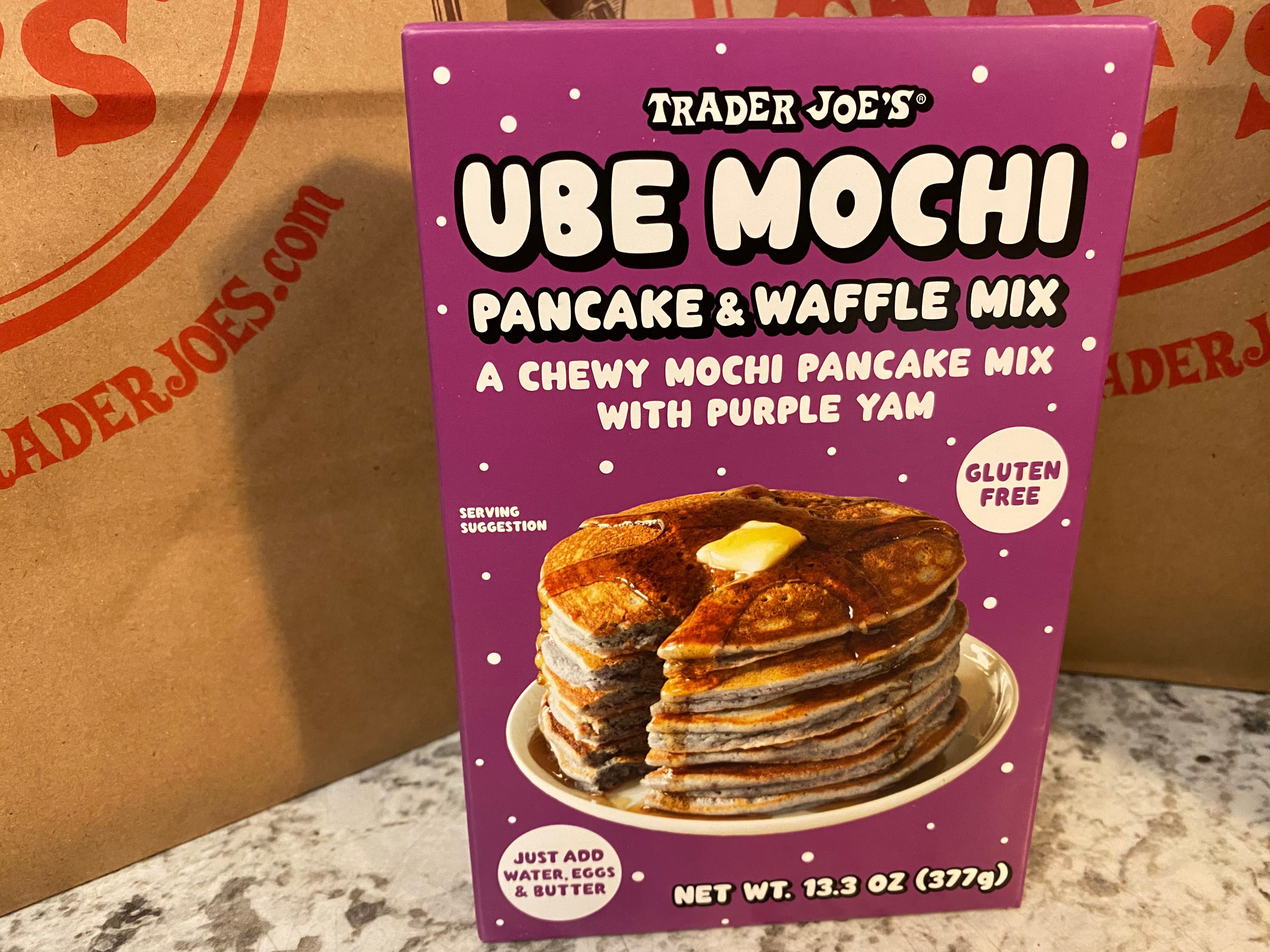 A box of Trader Joe's ube mochi pancake and waffle mix.