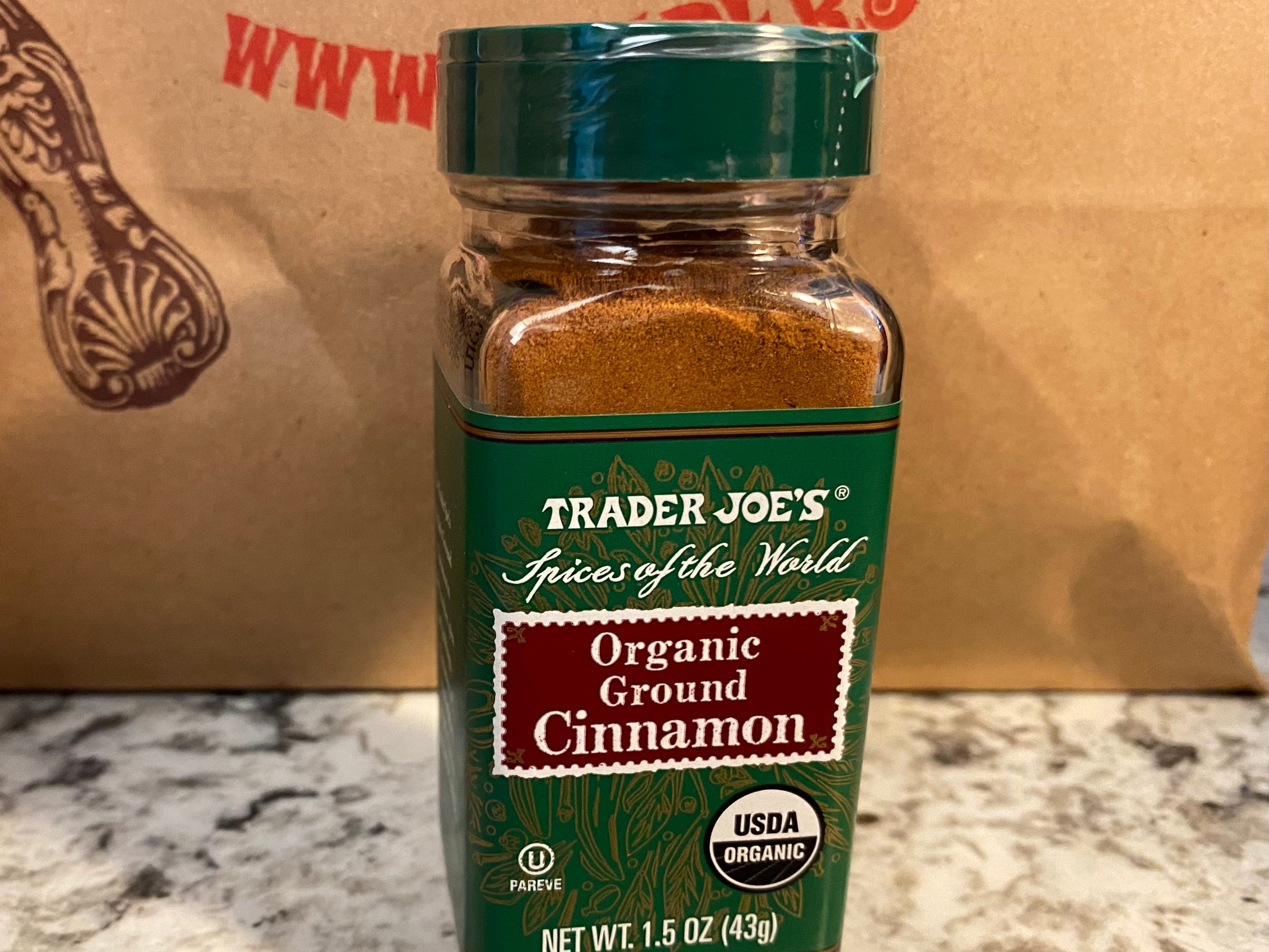 A container of Trader Joe's organic ground cinnamon.