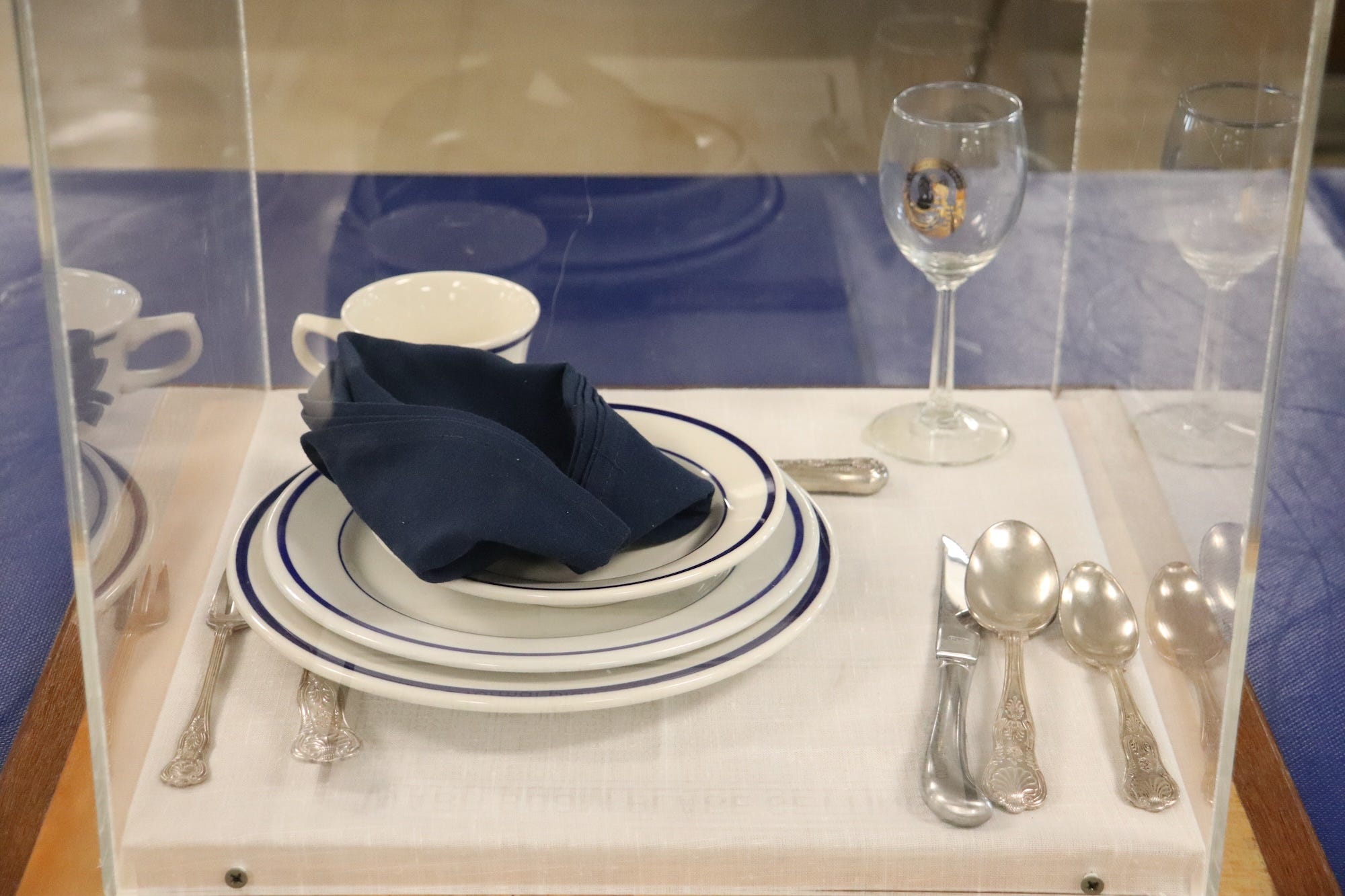 A table setting in the wardroom of the USS New Jersey.