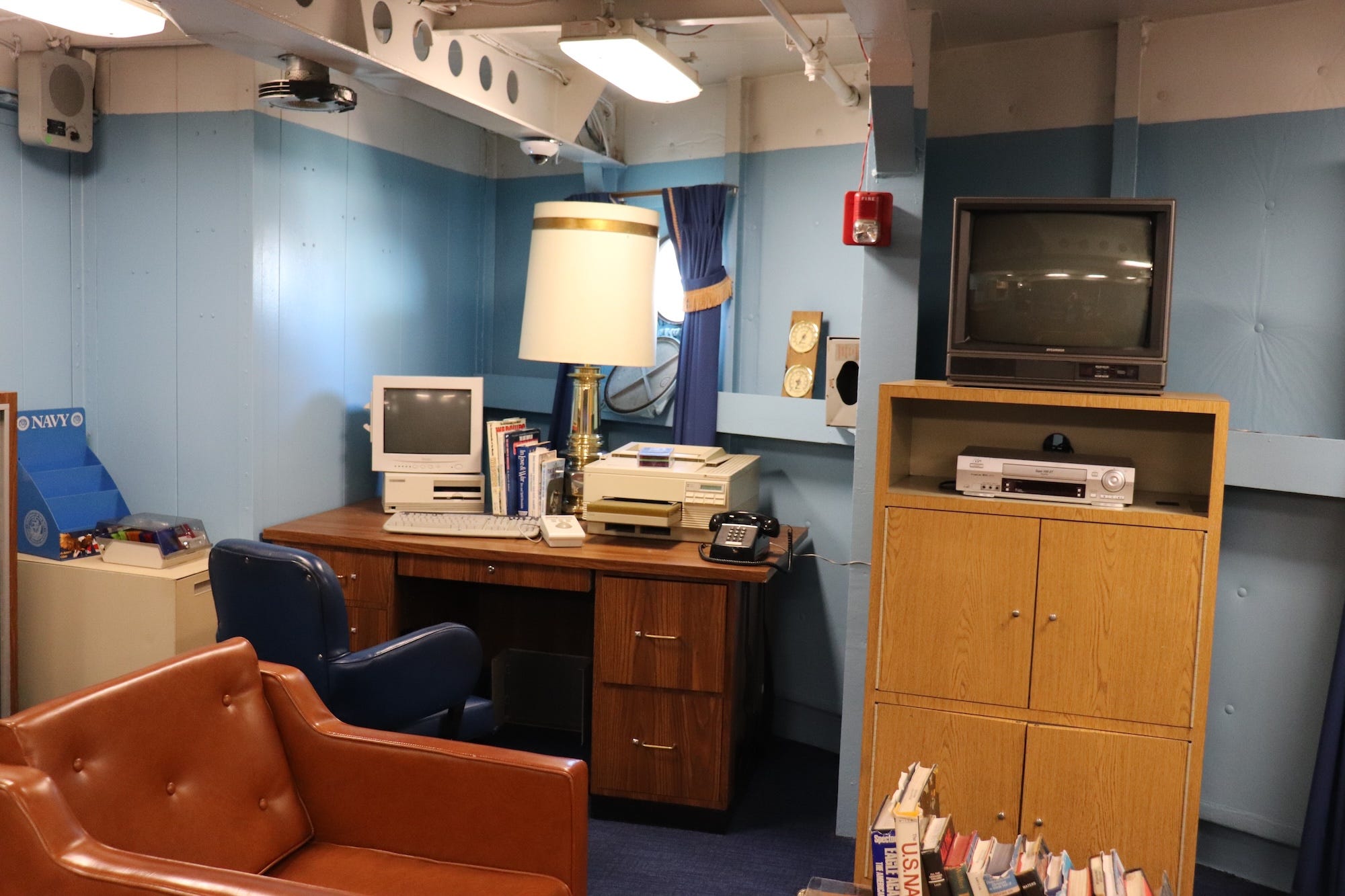 A desk in the admiral's stateroom on board the USS New Jersey.