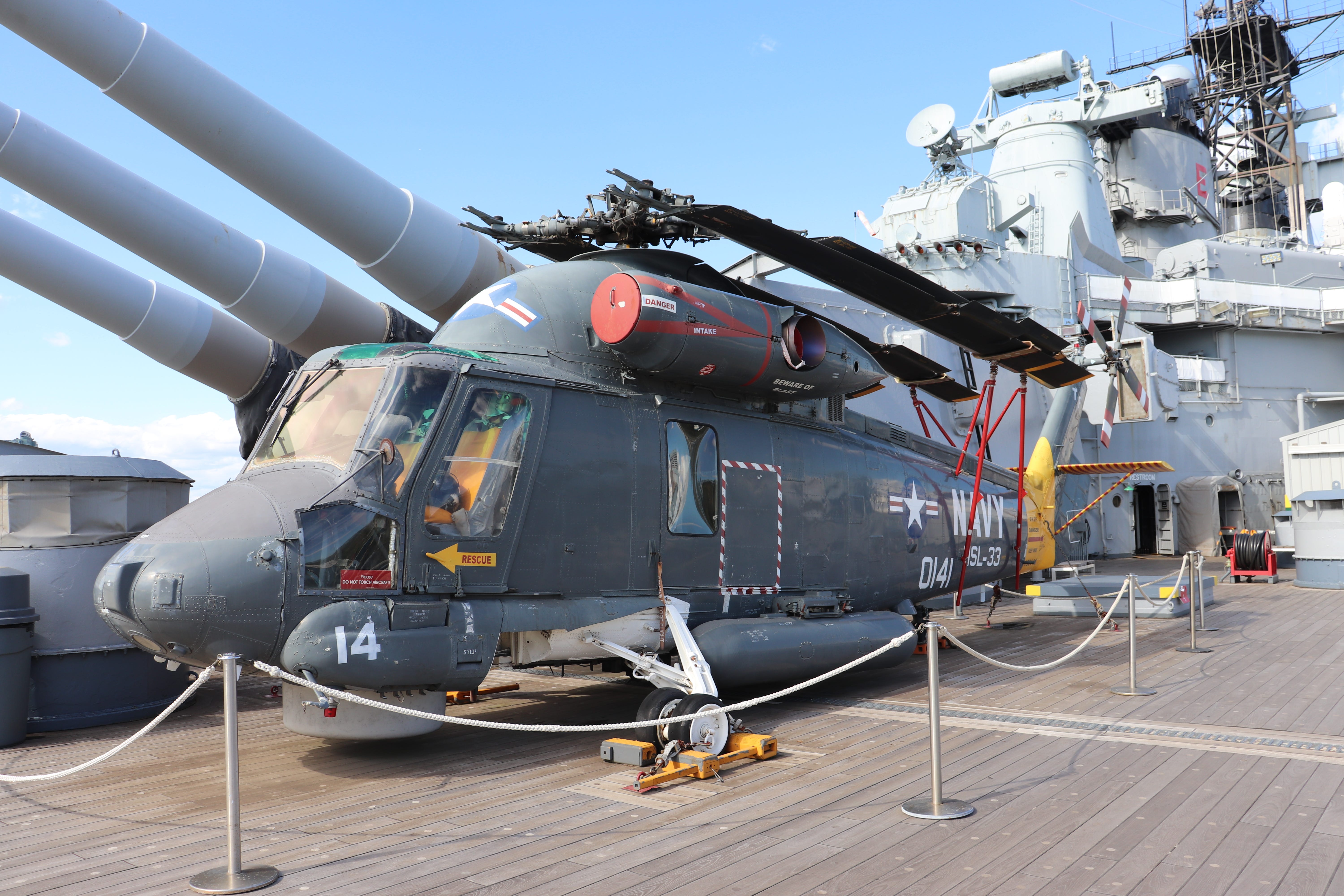 A helicopter on the USS New Jersey's flight deck.