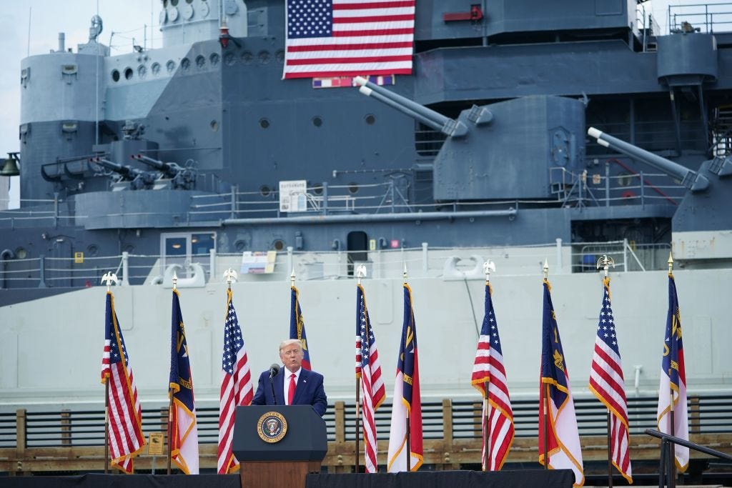 President Donald Trump spoke at the Battleship North Carolina in Wilmington, North Carolina, in 2020.