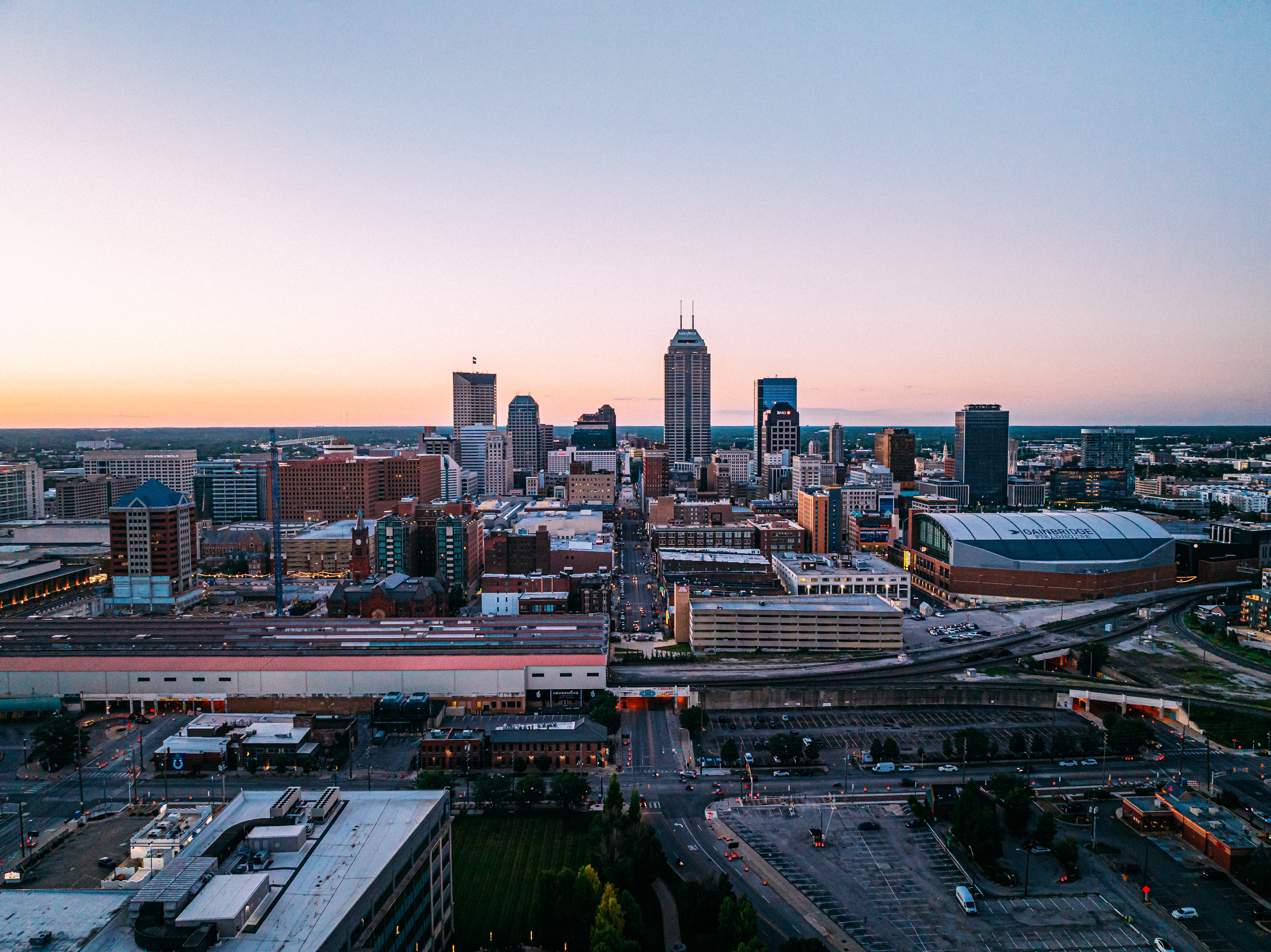An aerial view of Indianapolis, Indiana.