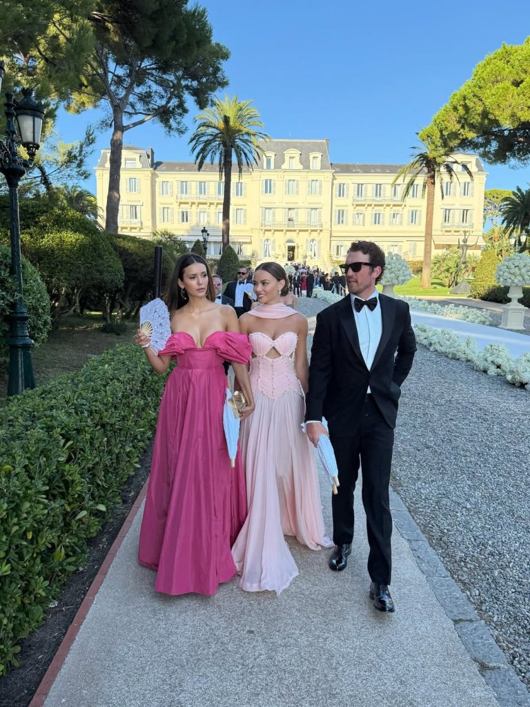 Nina Dobrev (left) joins pals Keleigh and Miles Teller at a friend’s wedding at Hotel du Cap-Eden-Roc in France.