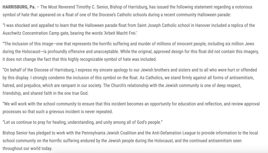 A statement from Bishop Timothy C. Senior regarding a notorious symbol of hate displayed in a Halloween parade.