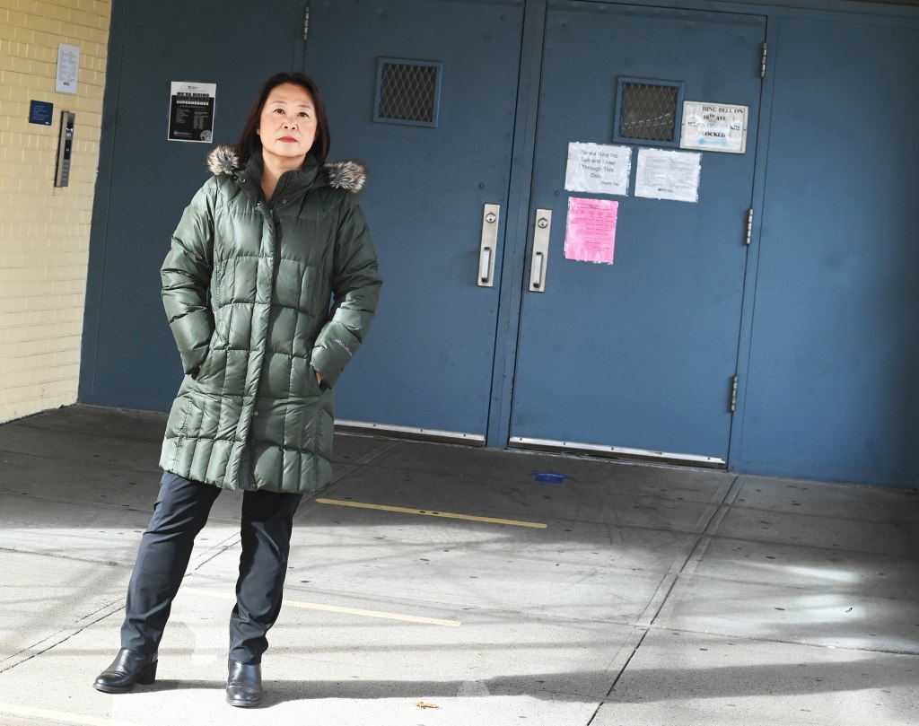 Education advocate Yiatin Chu outside Public School 209 in Whitestone, Queens.