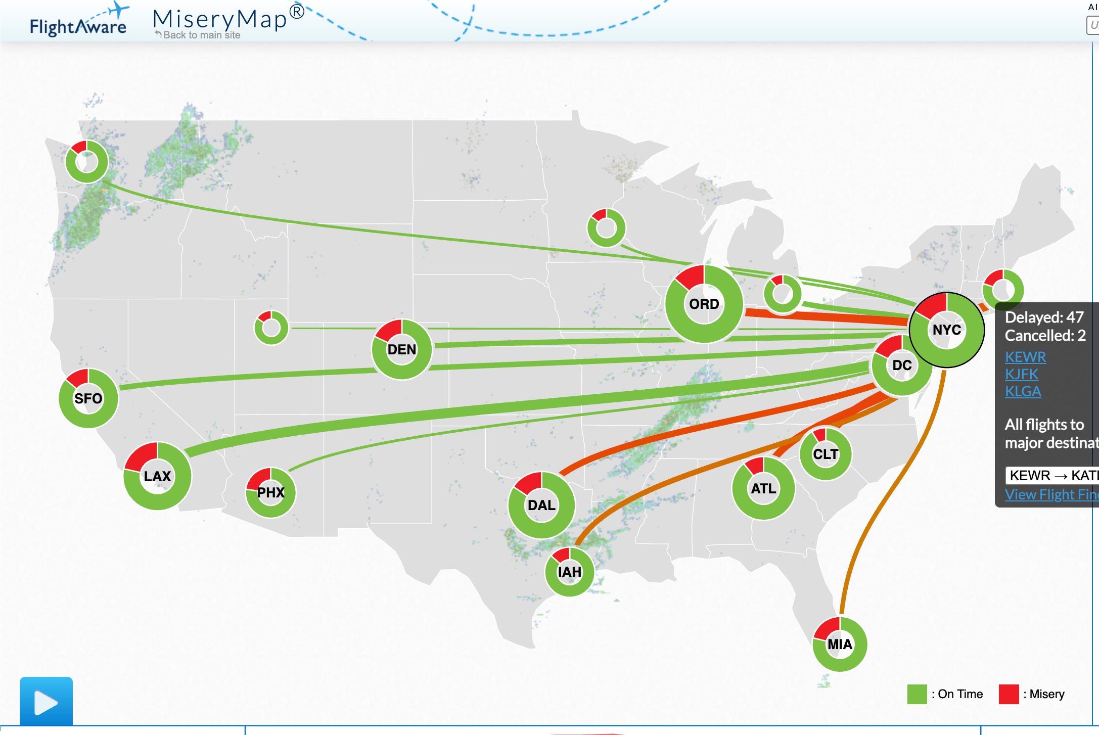 Flight Aware's 'Misery Map' showing delays and cancellations out of major NYC airports.