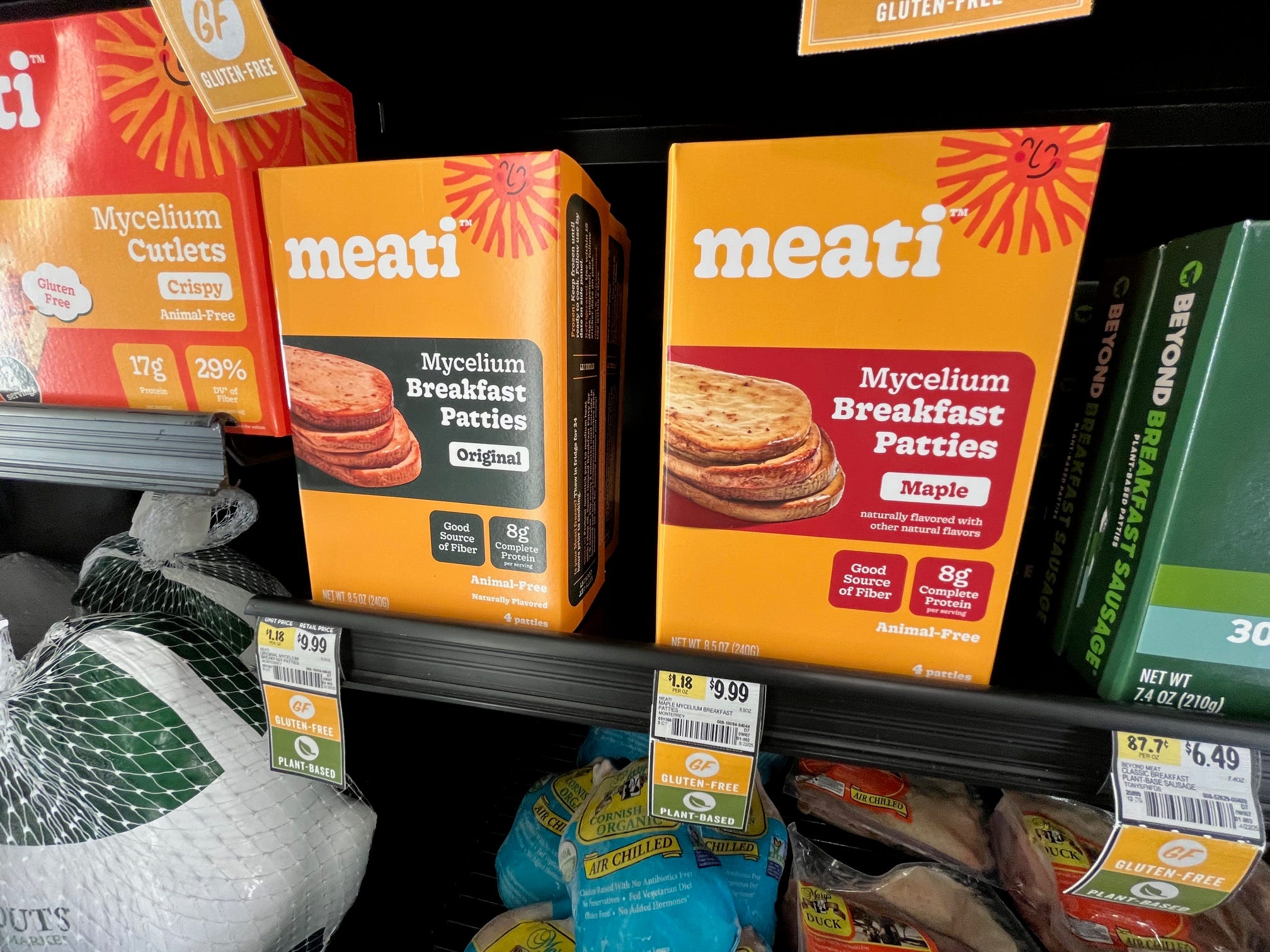 Meati mushroom-based Breakfast patties sit in a freezer case at Sprouts