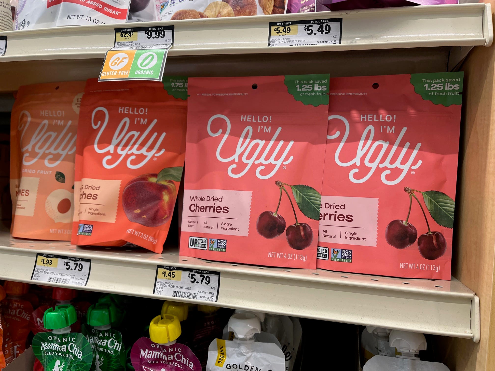 Dried fruit from Ugly sits in packages on a self at Sprouts