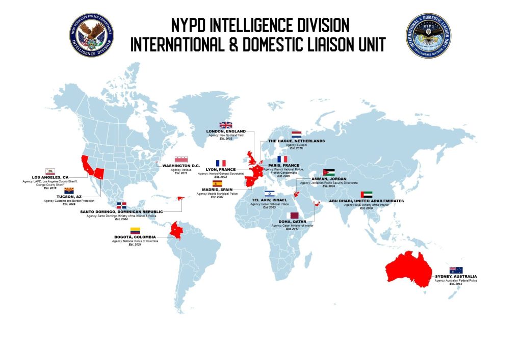 Illustration of the NYPD Intelligence Division's International and Domestic Liaison Unit global presence, showing their offices in various cities and countries.