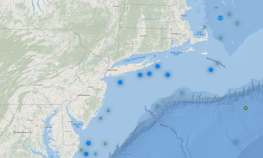 Map showing shark sightings off the coast of New Jersey and New York.