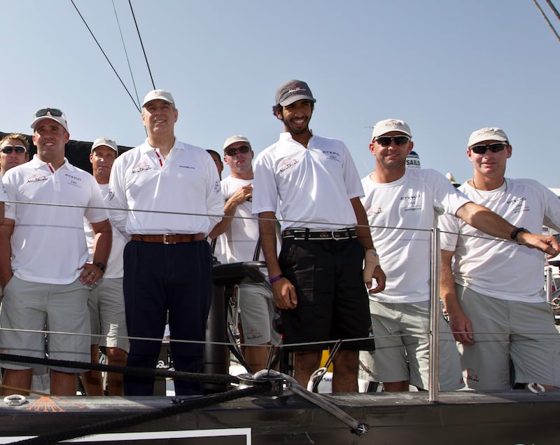 Prince Andrew, Duke of York (5thL) joins Abu Dhabi Ocean Racing, skippered by Ian Walker from the UK, for the Etihad Airways In-Port Race in Abu Dhabi during the Volvo Ocean Race 2011-12 on Jan. 13, 2012 in Abu Dhabi, United Arab Emirates. (Photo by Ian Roman/Volvo Ocean Race via Getty Images)