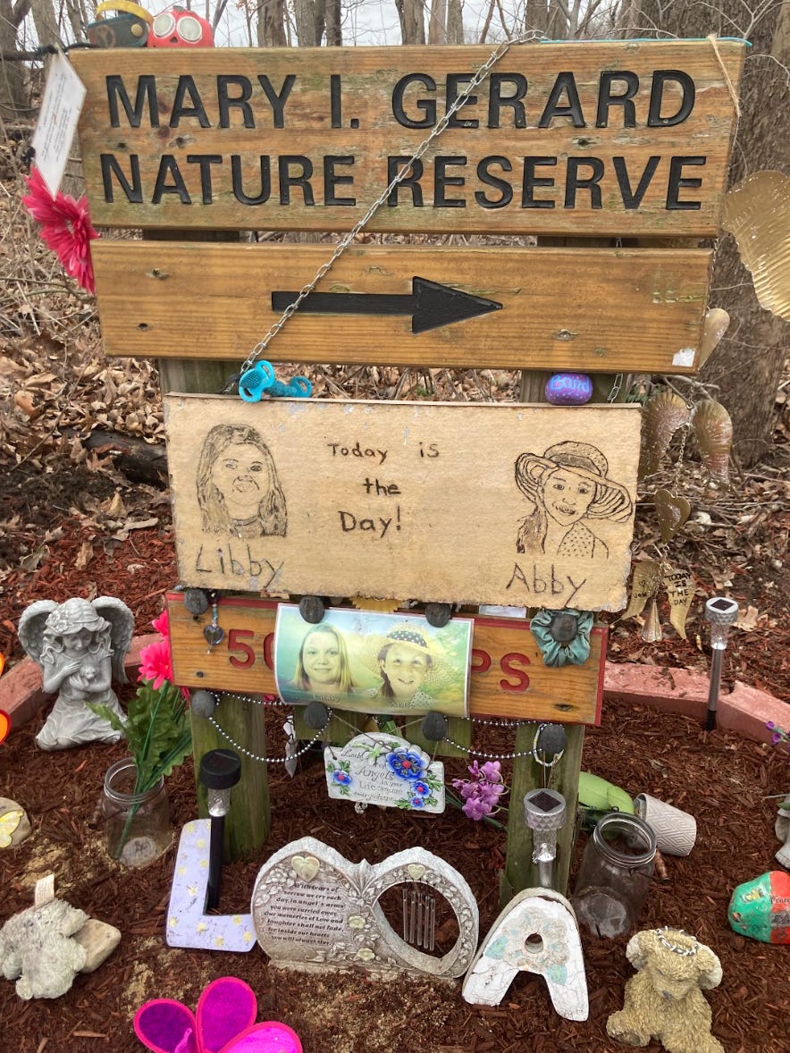 A memorial to Libby and Abby sits along the trails of Delphi, Indiana.