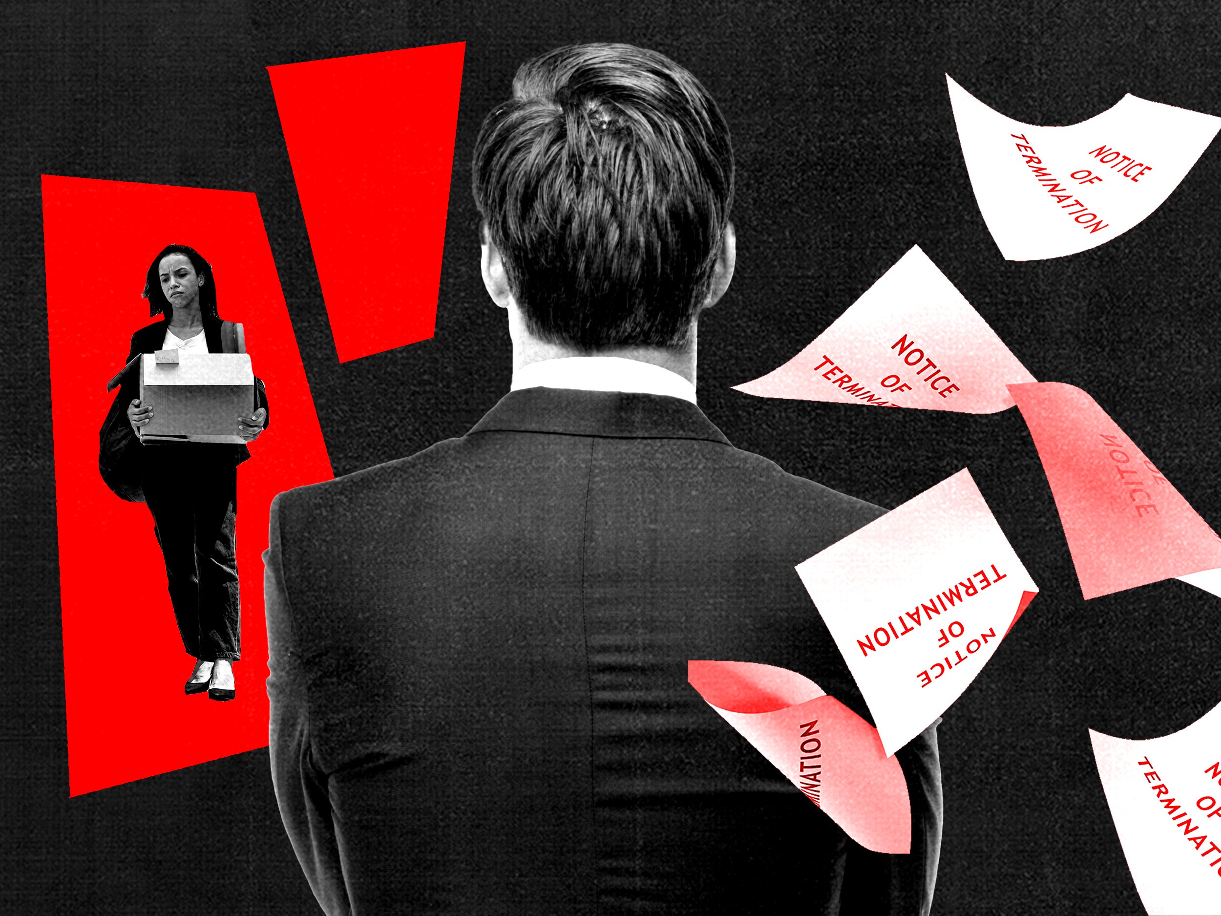 Collage showing workers' fear of recession, layoffs