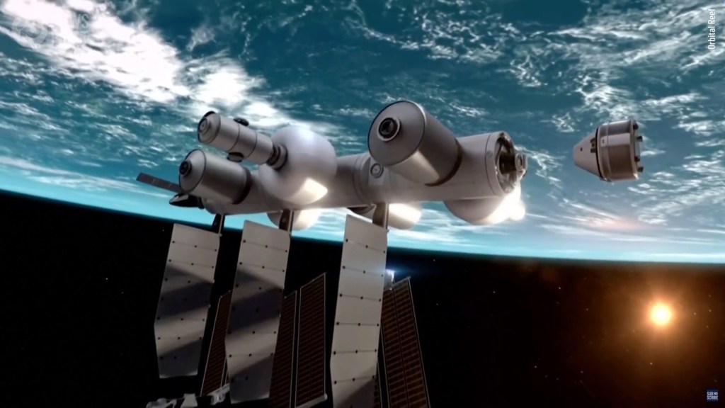 Illustration of the Orbital Reef space station orbiting Earth with a capsule approaching it and the sun glowing in the background.