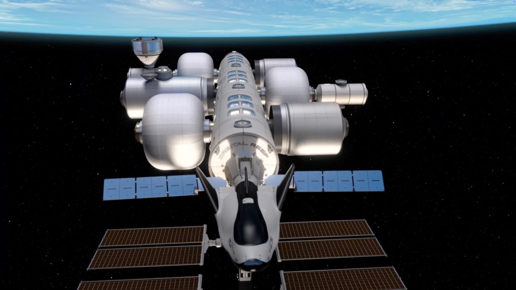 Illustration of the Orbital Reef space station with a Blue Origin spacecraft docked, against a backdrop of Earth and stars.