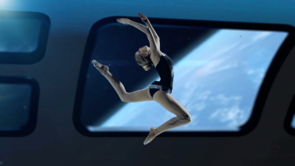 Illustration of a gymnast performing a grand jeté in a space station with Earth visible through the windows.