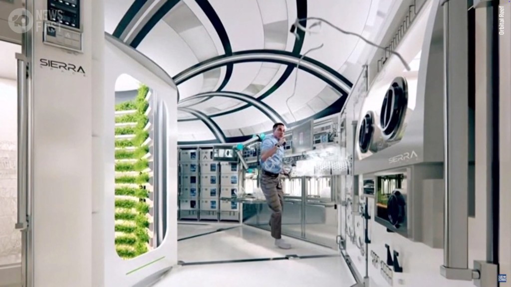 Illustration of Jeff Bezos in the Orbital Reef space station.