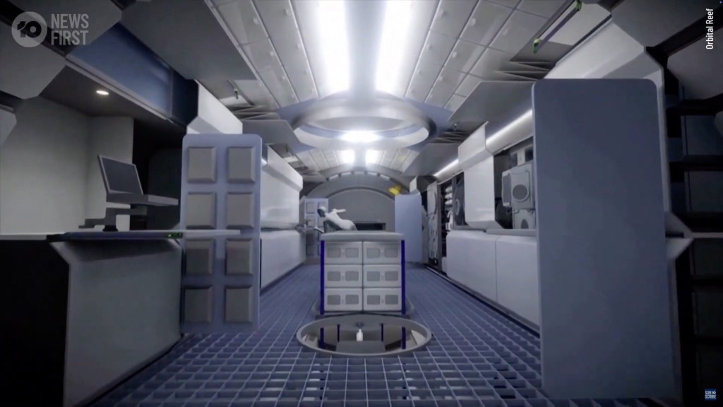 Illustration of the interior of the Orbital Reef space station with white walls and gridded floor.