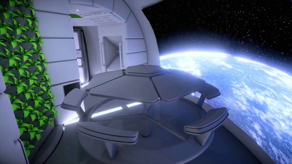 Illustration of a futuristic interior in orbit around Earth, showing a green wall of plants, a modern table and chairs, and a large window looking out at the Earth and stars.