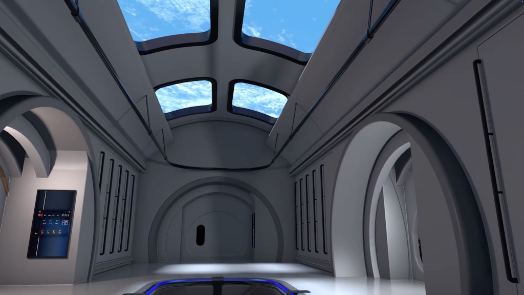 Illustration of the interior of a space station with large windows showing Earth's atmosphere.