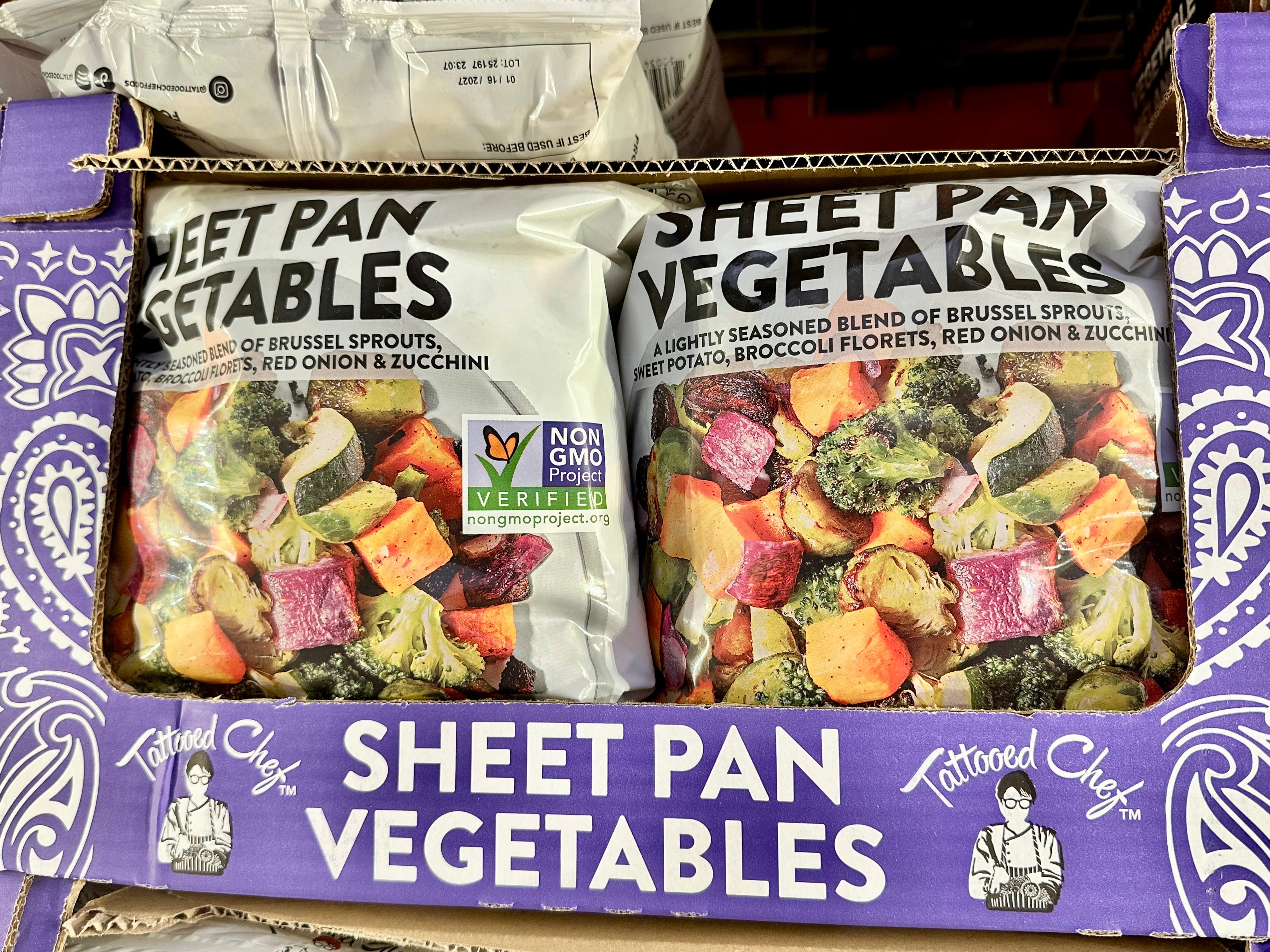 Frozen bags of sheet pan vegetables at Costco