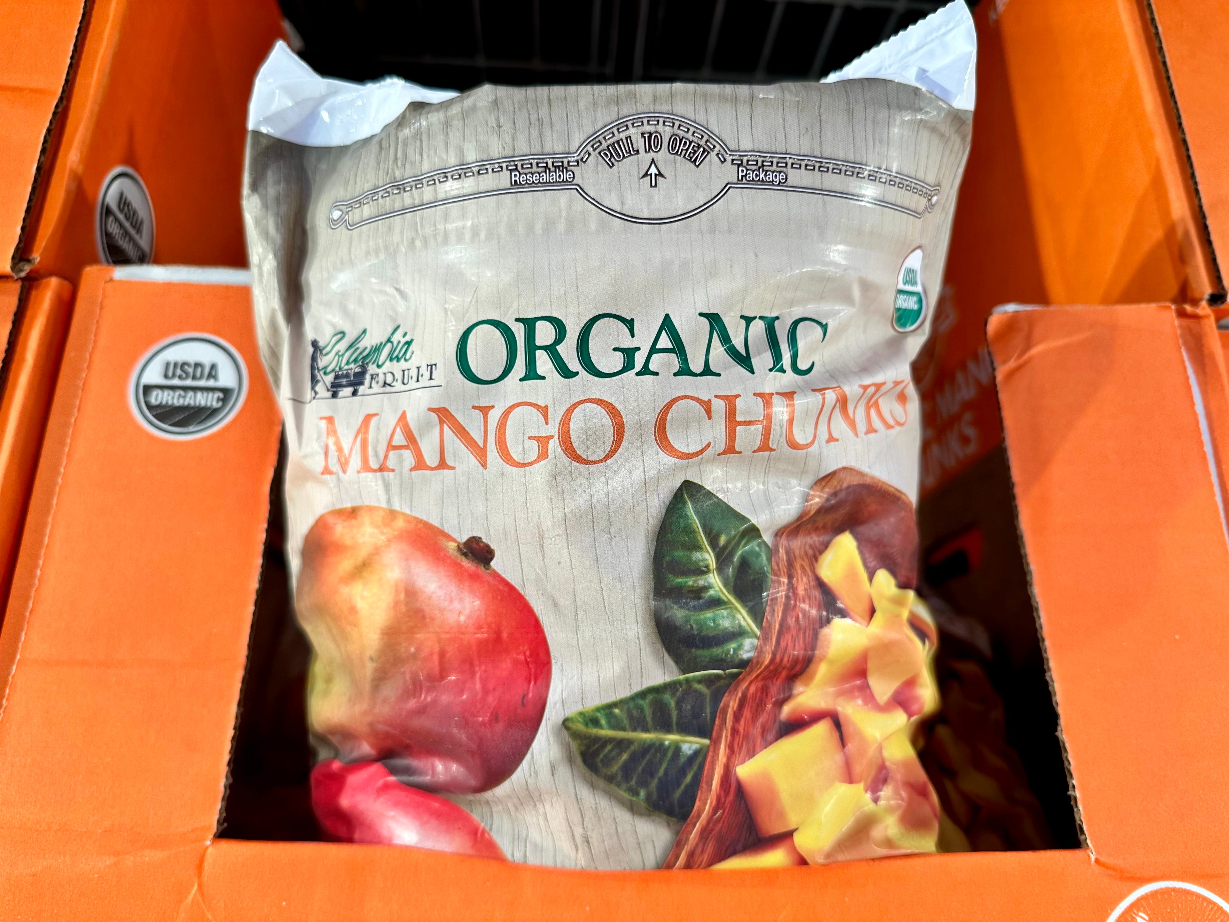 Frozen organic mango chunks at Costco