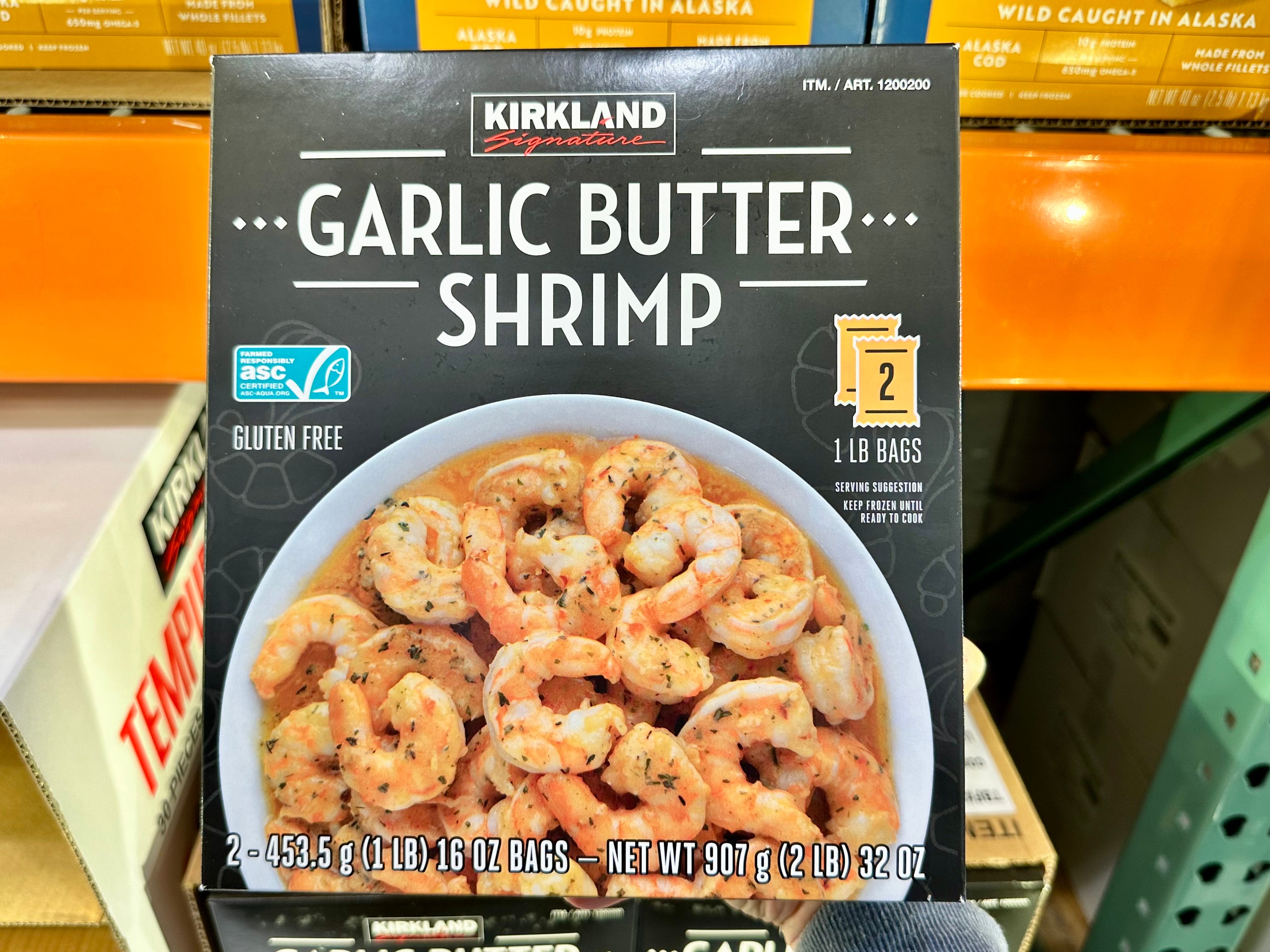 Kirkland Signature garlic butter shrimp in freezer section