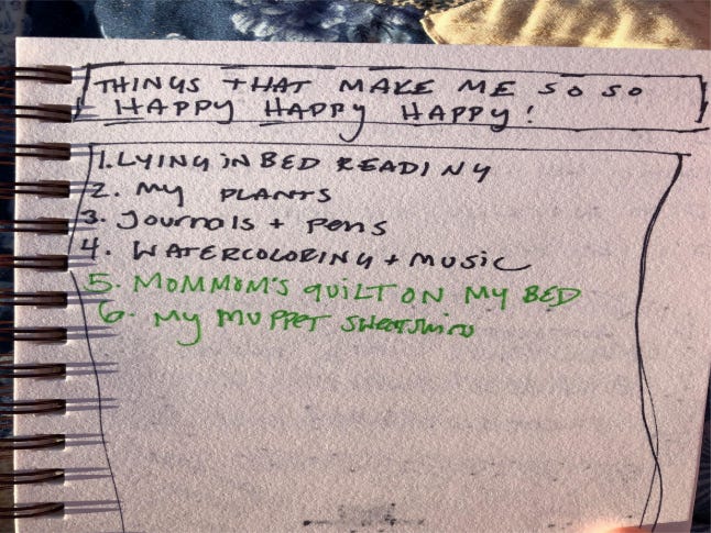 A page from her journal that list the things that make her happy.