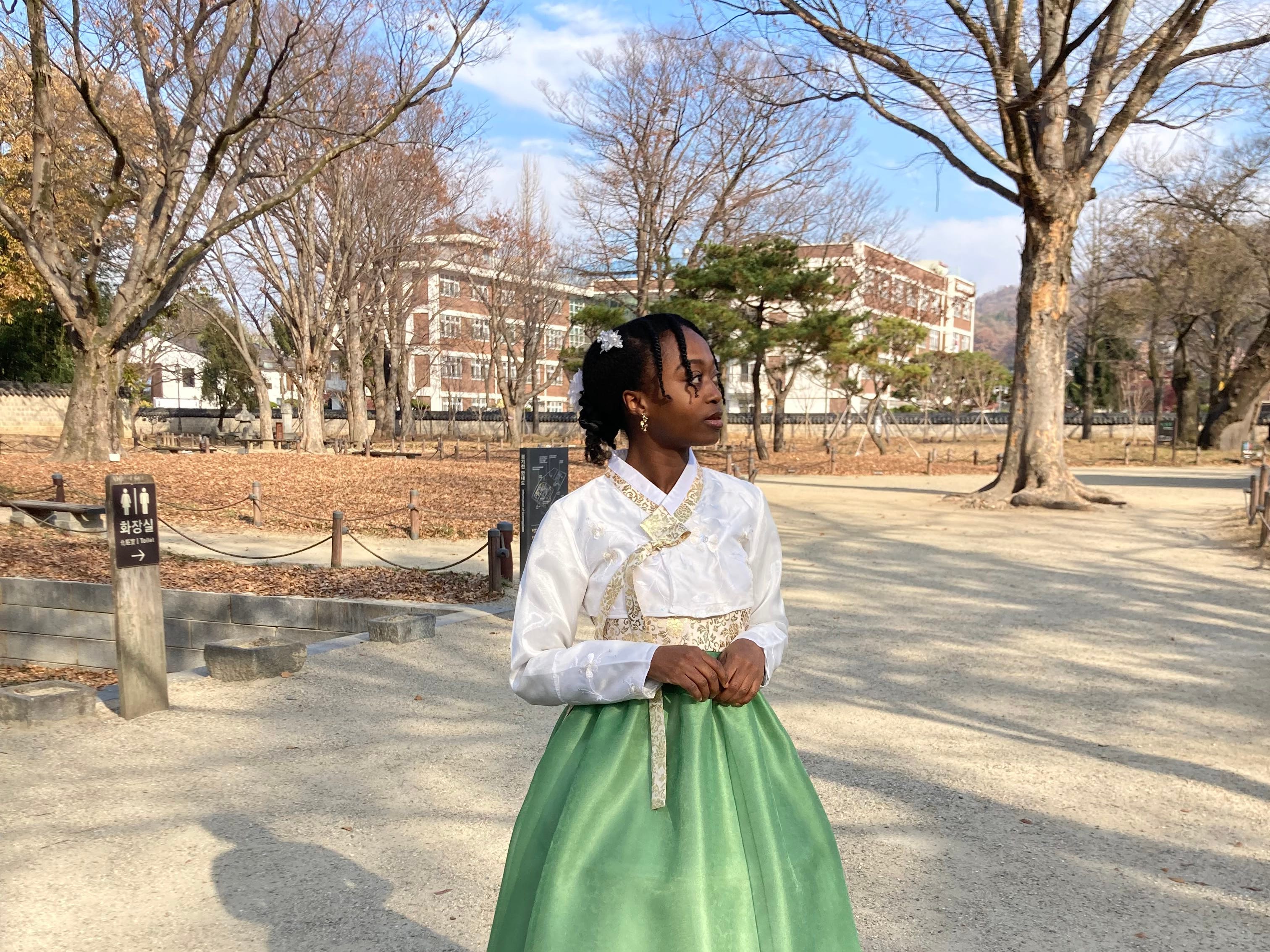 A woman wearing a hanbok in South Korea.