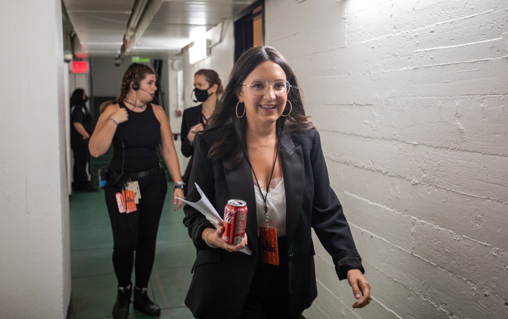 Bari Weiss walking backstage at The Theatre at Ace Hotel in Los Angeles, CA.