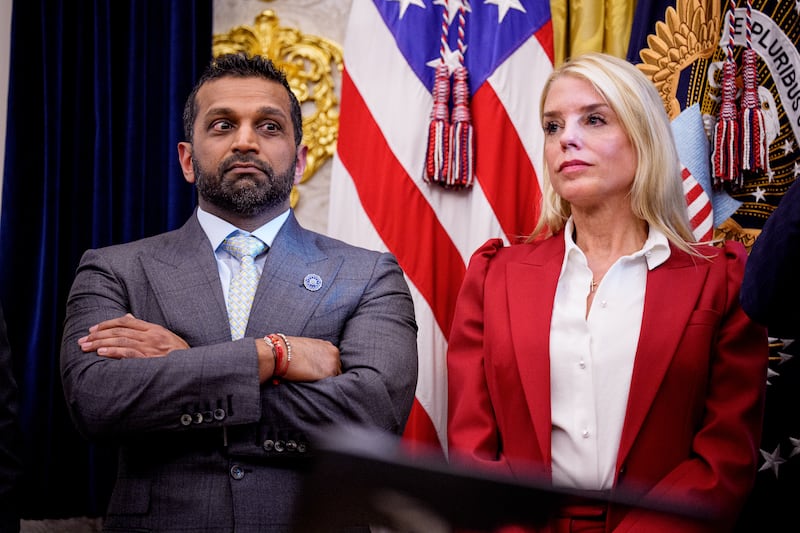 FBI Director Kash Patel and Attorney General Pam Bondi in the Oval Office of the White House on September 25, 2025 in Washington, DC.