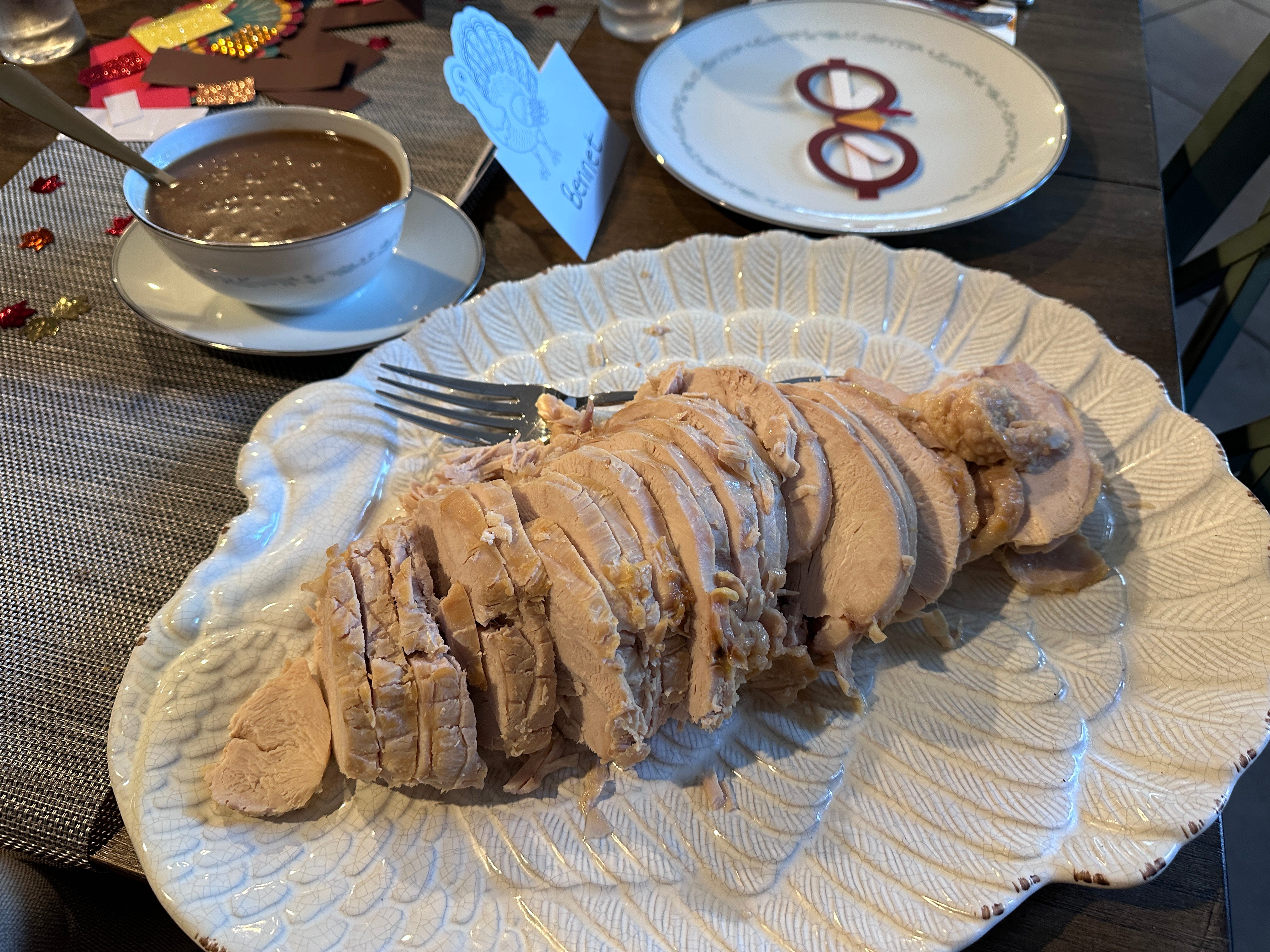 Sliced turkey roast on plate