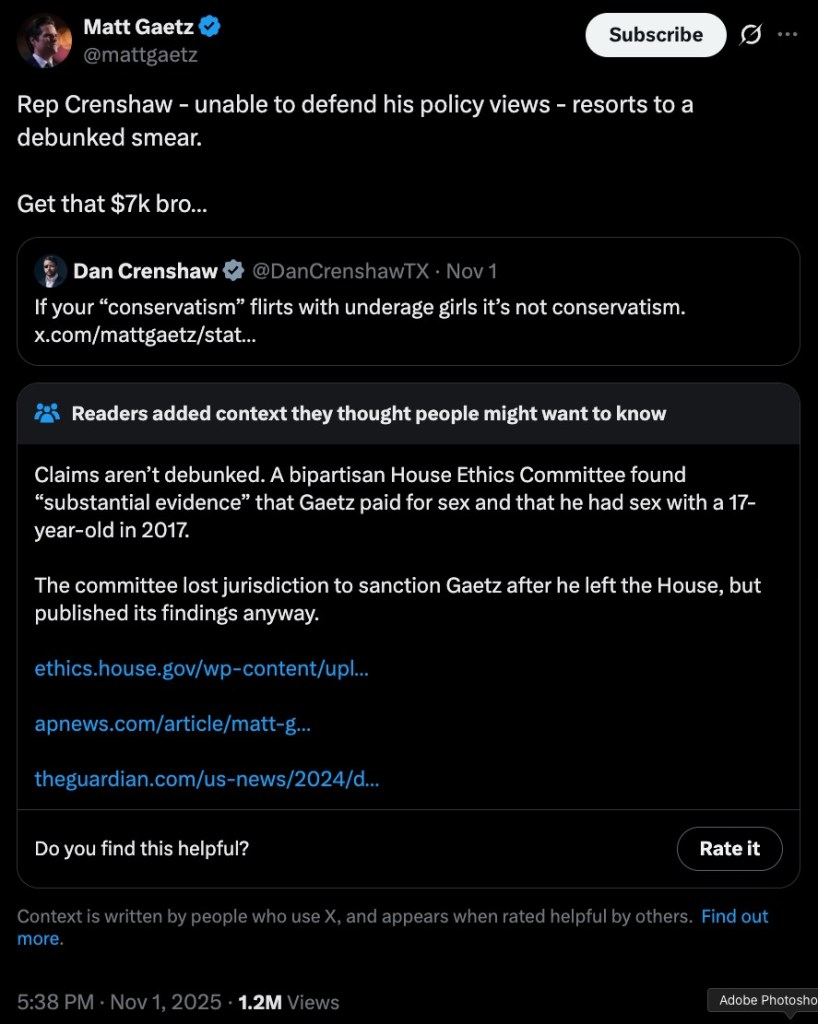 A tweet from Matt Gaetz accusing Rep. Crenshaw of a 
