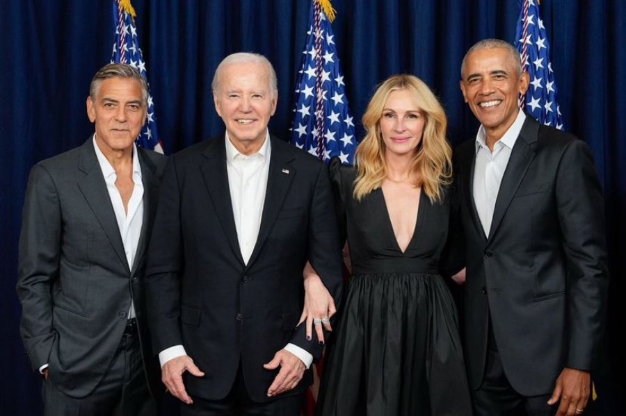 Actors George Clooney and Julia Roberts, President Joe Biden, and former President Barack Obama pose together at a fundraiser.