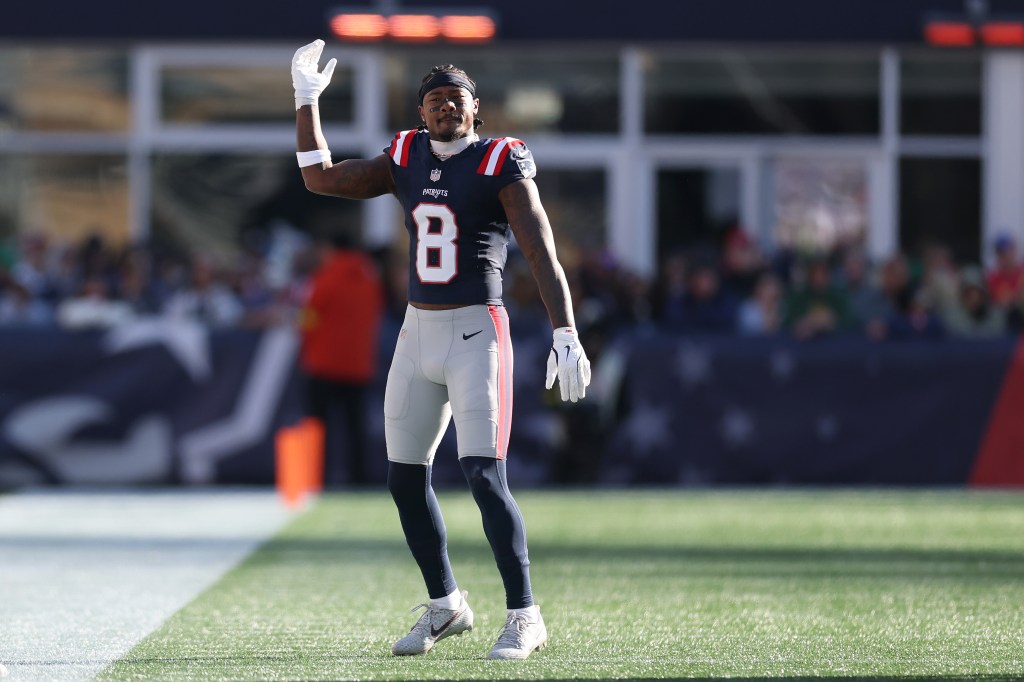 Stefon Diggs #8 of the New England Patriots dancing during the first half against the Atlanta Falcons.