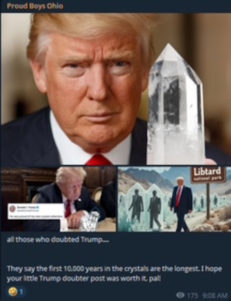 The Proud Boys Ohio using imagery of "Libtards" trapped in crystals is similar to a recent post by DHS of immigrants trapped in crystals.