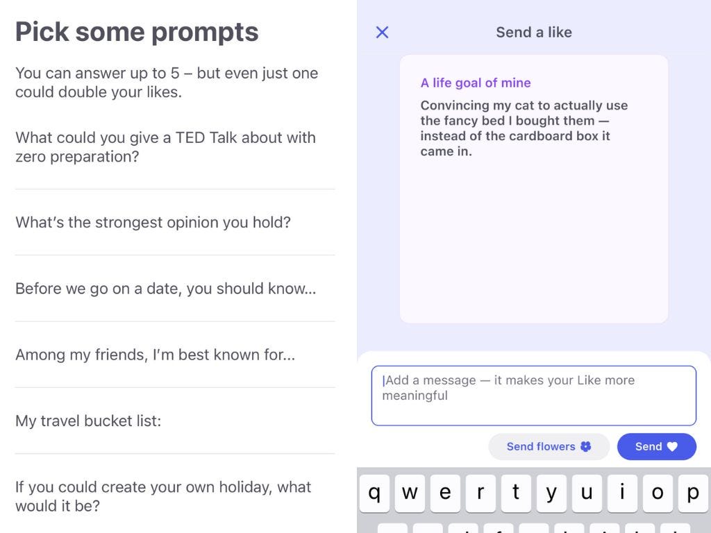 Including prompts in dating profiles increases the chances of finding a match, per Coffee Meets Bagel.