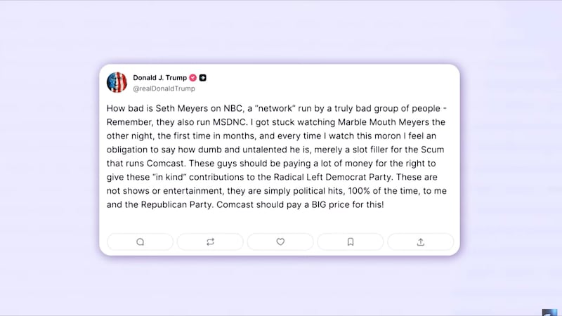 Late Night with Seth Meyers, screenshot of January Truth Social post from Trump.