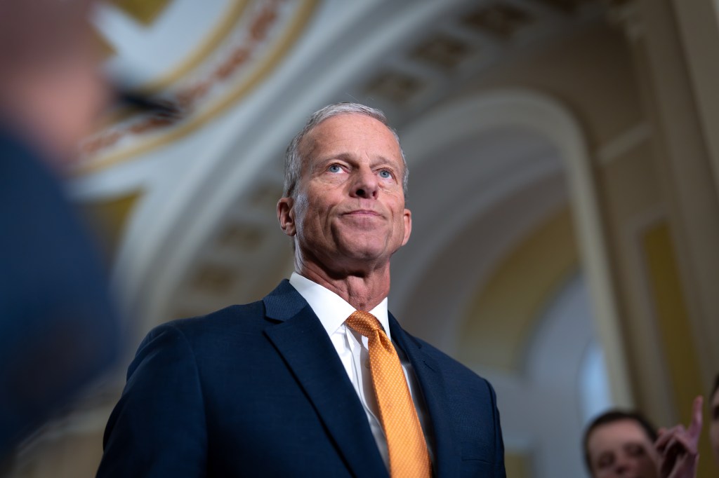 Senate Majority Leader John Thune, R-S.D., speaks with reporters following a closed-door meeting of Senate Republicans on day 28 of the government shutdown, at the Capitol in Washington, Tuesday, Oct. 28, 2025.