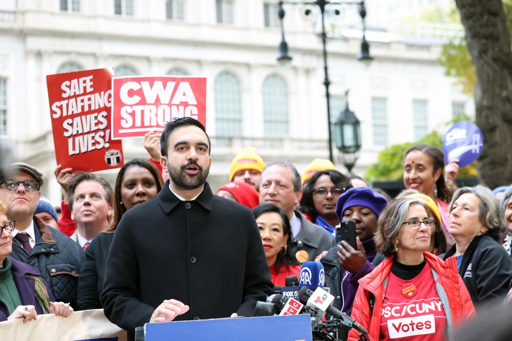 Democratic candidate Zohran Mamdani at a press conference outside of City Hall on Nov. 3, 2025.