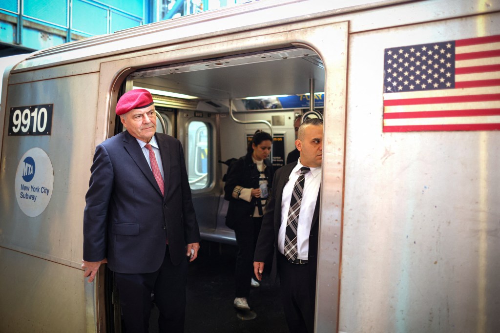 Republican candidate Curtis Sliwa riding a subway while campaigning in Coney Island on Nov. 3, 2025.