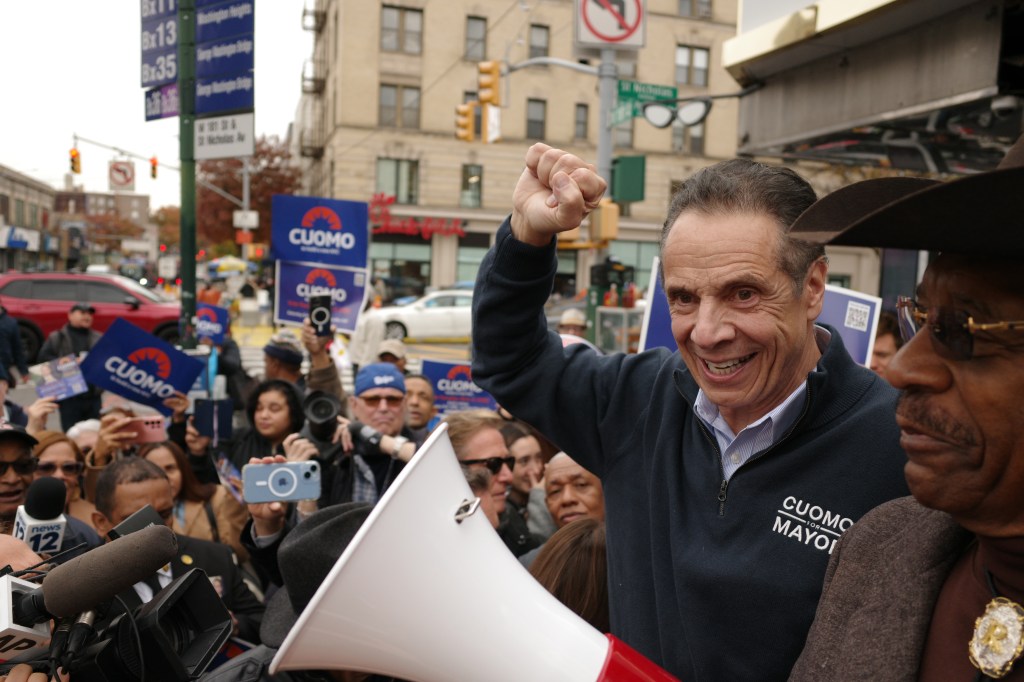 Independent candidate Andrew Cuomo speaking to supporters at a rally in Washington Heights on Nov. 3, 2025.